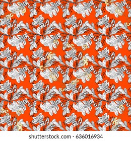 Vector white seamless pattern. Seamless pattern on orange background. Seamless white textured curls. White elements in oriental style arabesques.