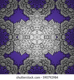 Vector white seamless pattern. Seamless white textured curls. Golden elements in oriental style arabesques. Seamless pattern on violet background.