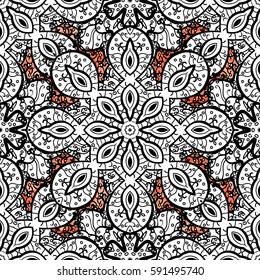 Vector white seamless pattern. Seamless white textured curls. Golden elements in oriental style arabesques. Seamless pattern on background.