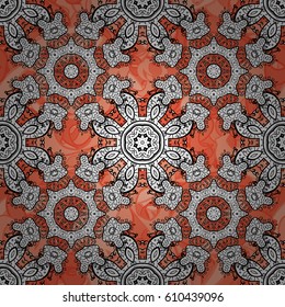 Vector white seamless pattern. Seamless white textured curls. Golden elements in oriental style arabesques. Seamless pattern on background.