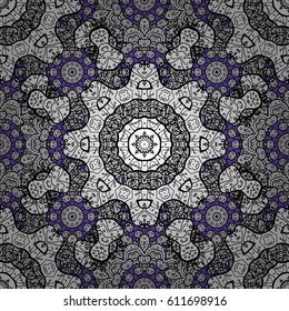 Vector white seamless pattern. Seamless white textured curls. Golden elements in oriental style arabesques. Seamless pattern on violet background.