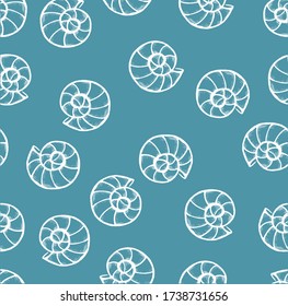 Vector white seashells in random order on a seamless sea background. Shells in different directions. Doodle style. Calming blue background. White on blue. Suitable for packaging, paper and fabric.