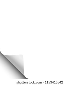 Vector white sheet of paper with curled lower left corner and white background under it. Paper template.