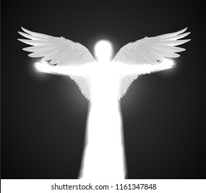 Vector white shining angel figure with wings and spread hands on dark background