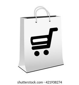 Vector white shopping paper bag with simple black symbol of shopping cart - trolley. Item, buy button on web page.
