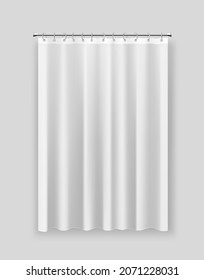 Vector white shower curtain with steel cornice, waterproof bathroom curtain, shower interior accessory.