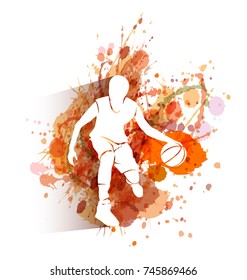 Vector white silhouette of basketball player on watercolor background