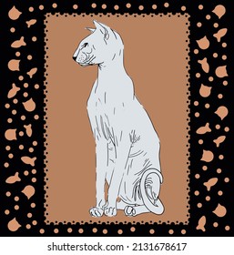 Vector white silhouette, black lines of a cat of the Sphinx breed. Beautiful framed patterns and a cute cat and fish head. Poster, magazines, postcard and notebook cover.