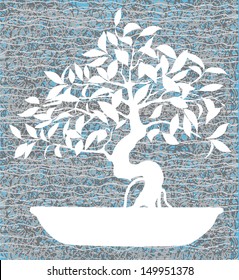 Vector White Silhouette of bonsai tree isolated on grey background