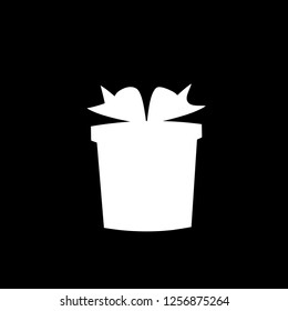 Vector white silhouette of bow wrapped gift box on black background. Christmas, new year, birthday present icon, sign, symbol, clip art. Giftbox isolated flat web mobile button, element for design.