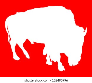 Vector white silhouette of the Buffalo isolated on red background. 