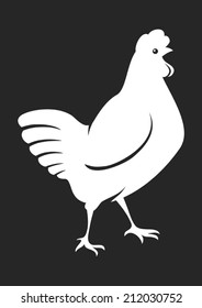 Vector white silhouette of common chicken on black background | Chicken white icon 