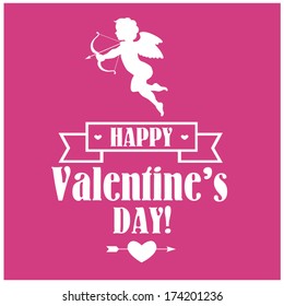 Vector white silhouette of the cupid with letters, a ribbon and heart on a pink background