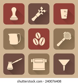 vector white silhouette flat design coffee barista equipment icons set tools espresso tamper, coffee wrench, measuring glass, pitcher, coffee beans, filter holder, funnel, knockbox, turk coffee pot 