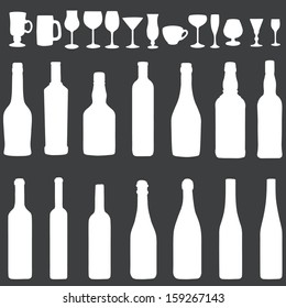 vector white silhouette icon set - bottles and stemware