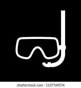 Vector white silhouette illustration of diving mask icon isolated on black background. 