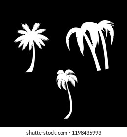 Vector white silhouette illustration of palm trees icon set isolated on black background.