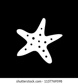 Vector white silhouette illustration of  starfish icon isolated on black background. 