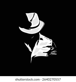 vector white silhouette of mysterious man in half body hat on isolated black background