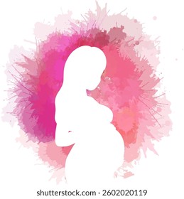 Vector white silhouette of pregnant woman on pink watercolor splashes. Expectation of a child. Postcard with a healthy pregnant woman on paint stains. Love and motherhood