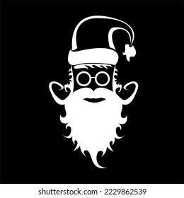 Vector white silhouette of Santa Claus isolated on black background. Santa Claus badge and label design template. Funky christmas old man character with beard and mustache