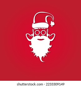 Vector white silhouette of Santa Claus with shadow isolated on red background. Santa Claus icon, print, badge and label design template. Funky christmas old man character with beard and mustache