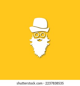 Vector white silhouette of Santa Claus with shadow isolated on orange background. Santa Claus icon, print, badge and label design template. Funky christmas old man character with beard and mustache