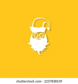 Vector white silhouette of Santa Claus with shadow isolated on orange background. Santa Claus icon, print, badge and label design template. Funky christmas old man character with beard and mustache