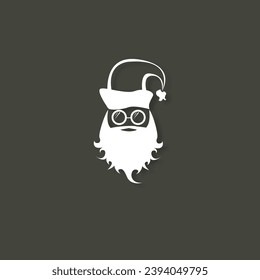 Vector white silhouette of Santa Claus with shadow isolated on grey background. Santa Claus icon, print, badge and label design template. Funky christmas old man character with beard and mustache