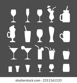 Juego de silueta blanca vectorial de bebidas alcohólicas y blandas, licores y cócteles.