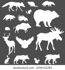 Vector White Silhouette Set of Forest Animals. Collection of Wild Mammals Illustrations.