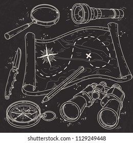 Vector white silhouette, set tooling for traveler. Map, compass, flashlight, binoculars.