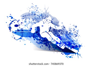 Vector white silhouette skier on watercolor background