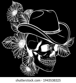 Vector white silhouette of skull with hat and flower
