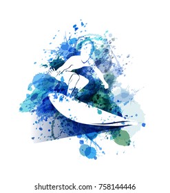 Silueta blanca vectorial Surfista sobre fondo acuarela