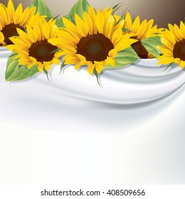 Vector white silk fabric background with sunflower.