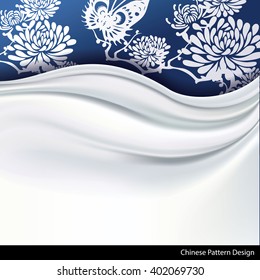 Vector of  white Silk Fabric on traditional blue chinese Patterned Background