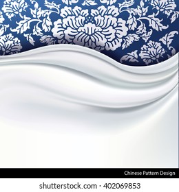 Vector of  white Silk Fabric on traditional blue chinese Patterned Background