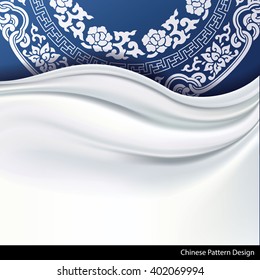 Vector of  white Silk Fabric on traditional blue chinese Patterned Background.