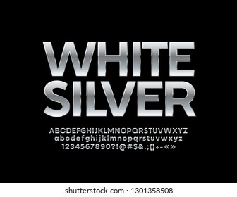 Vector White Silver Font. Metallic Alphabet Letters, Numbers And Symbols.