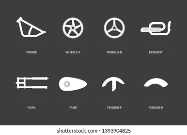 Vector white simple motorbike parts icon frame, wheels, exhaust, fork, tank, fender.