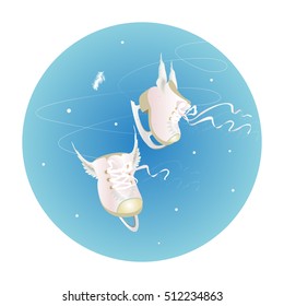 Vector white skates with wings on ice