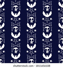 Vector white skull bat star dark seamless pattern