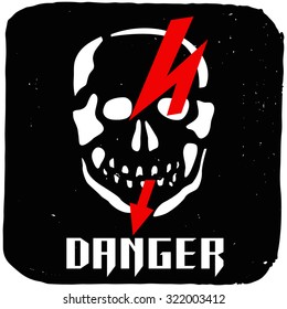 Vector white skull with red lightning on grunge black background - a mark of the danger warning