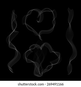 Vector white smoke in heart pattern on black background.