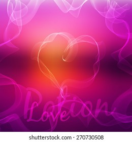 Vector white smoke in heart pattern on blurred pink romantic background.