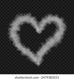 Vector white smoke heart shaped isolated on transparent background. Realistic vector fog or cloud