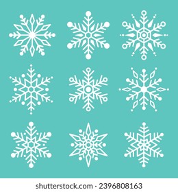
Vector white snowflake icons collection set. Concept of Holidays, Christmas, New Year celebration decoration, snowy icy cold winter elements illustration for banner, poster, greeting card design. 
