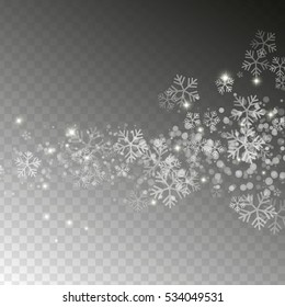 Vector white snowflakes and snowfall over black transparent background, winter elements.