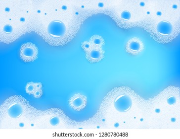 Vector white soap foam in blue liquid background. Water with shampoo or cleaning foam for bath, laundry or skin care related product packaging design backdrop.